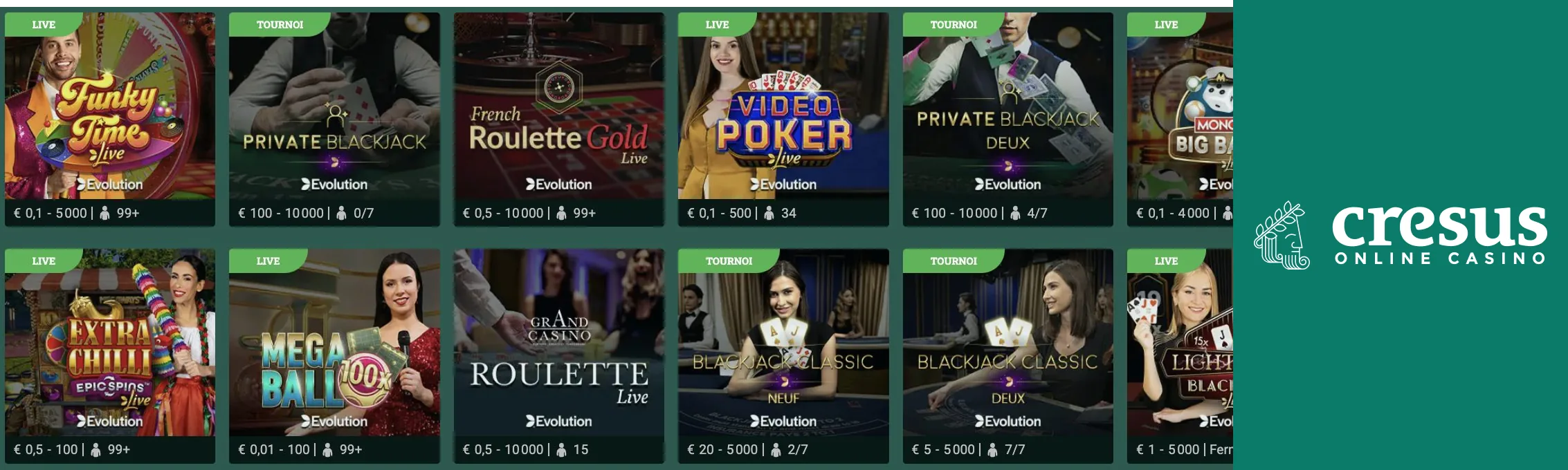 Jeux live casino sur Cresus Casino